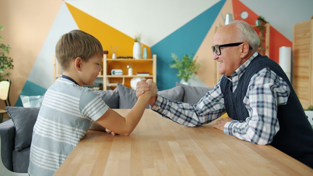grandfather and grandchild talking